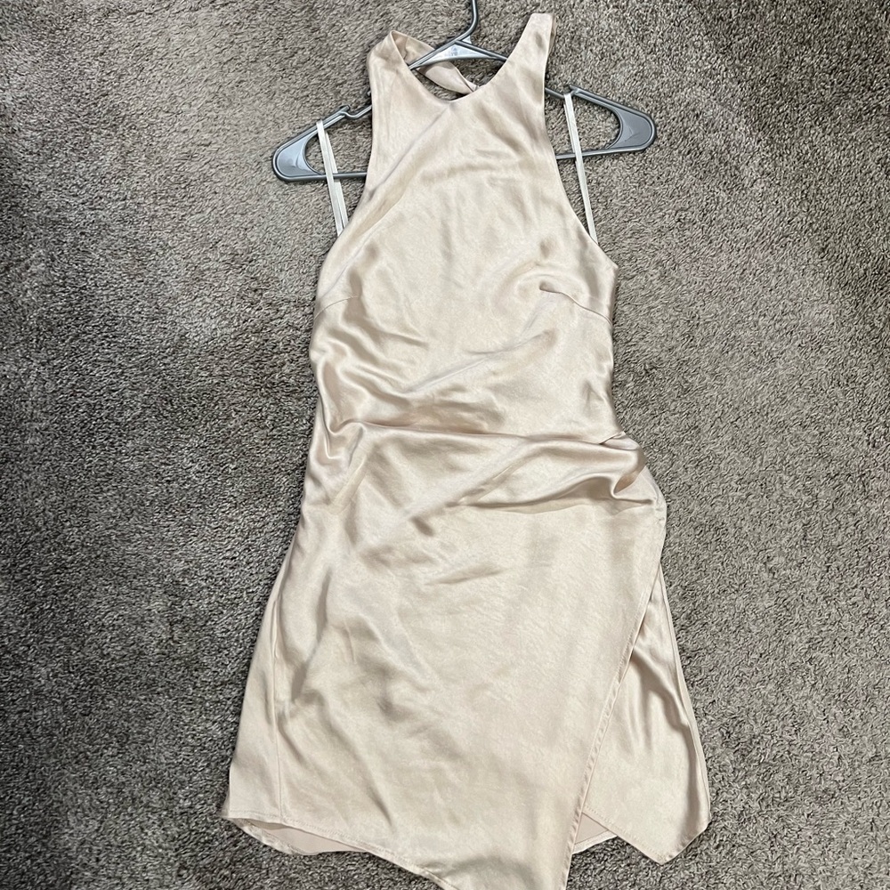 satin champagne high neck asymmetric hem dress